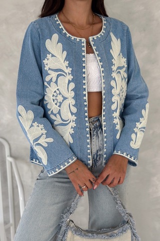 Femelle Kadın Mavi Vintage Nakışlı Kot Denim Ceket Lacivert