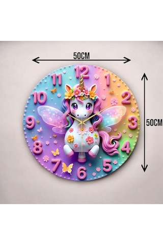 Minik Unicorn Renkli Baskı Tek Boynuzlu At Desenli Sayılı Hediyelik Ahşap Sessiz Duvar Saati 50cm ÇOk Renkli