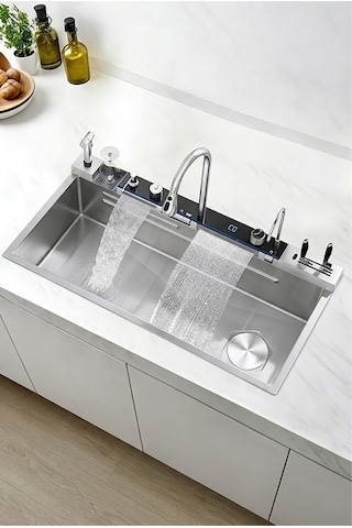 Lüx Dijital Akıllı Eviye Seti Premium Krom Akıllı Mutfak Evyesi- 100x46 Cm Çok Fonksiyonlu- Silver
