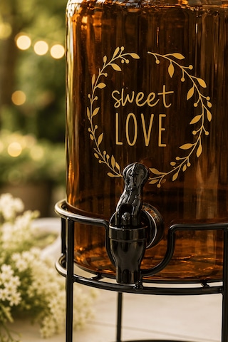 4 Litre Amber Cam Sebil Standlı Dispenser Musluklu İçecek Sunumluk Şerbetlik Kahverengi