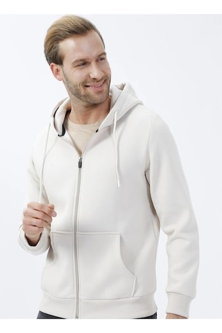 Süvari Kapüşonlu Fermuarlı Yaka Regular Kalıp Düz Ekru Sweatshirt Ekru