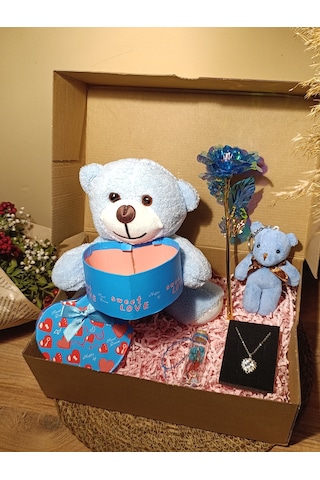 Mavi Kutulu Ayıcık 25cm - Anahtarlık - Dilek Şişesi - Sonsuzluk Gülü - Kalpli Kolye Hediye Seti