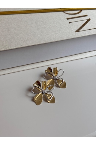 Altın Ve Gümüş Renk Çiçek Formlu Küpe Zarif Kadın Takı Modeli Altın