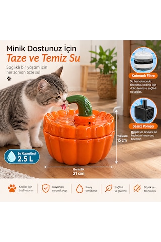 Otomatik Seramik Kedi Su Pınarı 2.5 Lt Seramik Su Çeşmesi Seramik Su Sebili Sessiz Pompa, 3 Katmanlı Filtre, Büyük Boy, Makinada Yıkamaya Uygun, Kolay Temizlik