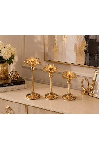 Chacha Home 3'lü Metal Ayaklı Lotus Kristal Cam Şamdan Mumluk Seti 29 Cm - 24 Cm - 19 Cm - Dekoratif Nilüfer Çiçeği Mum Standı Gold