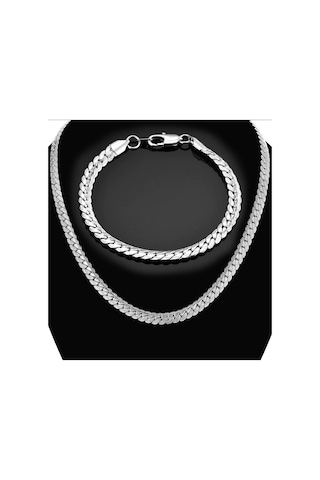 Silver Ezme Yassı Yılan Çelik Unisex Kolye Ve Bileklik Seti Eck36 Beyaz