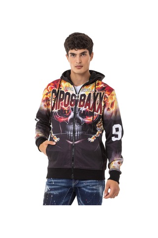 Cipo & Baxx Cl546 Kurukafa Ve Alev Baskılı Erkek Zip Sweatshirt 001