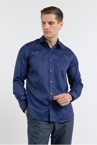 İmza Lacivert Saten İtalyan Yaka Uzun Kol Cepsiz Slim Fit Pamuk Gömlek 1004255231 XL