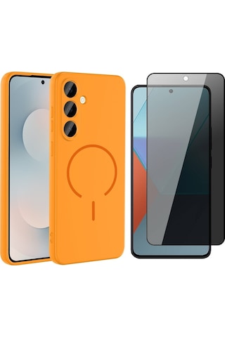 Vendas Samsung Uyumlu Galaxy A36 Kılıf M-safe Şarj Özellikli Zore Meta Kapak + Hayalet Ekran Koruyucu Turuncu
