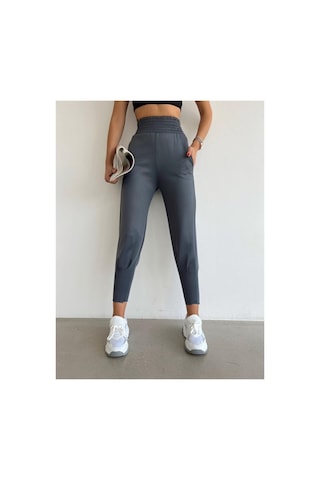 Dechival Scuba Dalgıç Jogger Eşofman Altı Yüksek Bel Geniş Kemer Paça Pile Detaylı Füme Gri