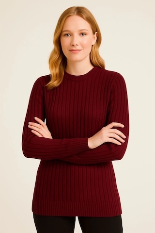 Defymoda Bisiklet Yuvarlak Yaka Triko Kazak Pamuklu Kalın Fitilli Dokuma, Regular Fit Uzun Kollu Kışlık Model Bordo