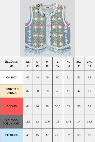Saade Sââde Kadın Bisiklet Yaka Zincir Nakışlı & Saçaklı Denim Crop Yelek Mavi