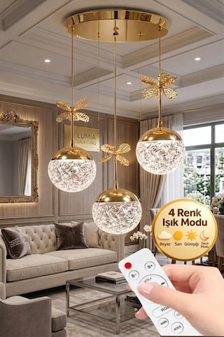 LumiaLighting Küre Model 3'lü Gold Kumandalı 3 Renk Modu Ledli Kristal Taşlı Modern Salon Mutfak Oturma Odası Led Avize