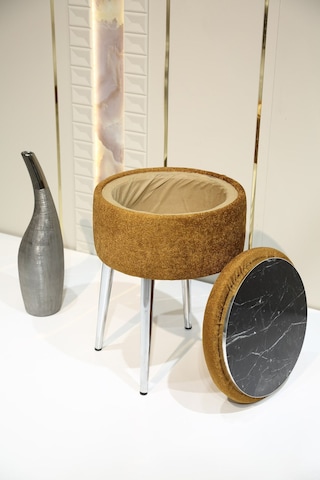 Bella Metal Ayaklı Puflu Teddy Kumaş Sehpa Krom Turuncu Chrome Orange