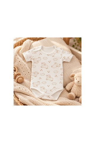 Cantaz Unisex Bebek Kuzu Desenli %100 Pamuk Kısa Kollu Çıtçıtlı Body Zıbın Krem