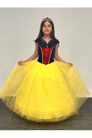 Butikhappykids Pamuk Prenses Kostümü Kasnaklı Düşük Omuz Detaylı Prenses Elbise 3-8 Yaş Taç Hediyeli Sarı