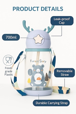 Lexroo Geyik Figürlü Pipetli Su Matarası 700 Ml Askılı Sticker Hediyeli Çocuk Suluk Gıda Sınıfı Çok Renkli