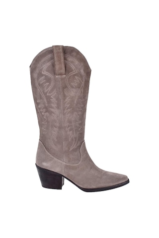 Pullman Hakiki Deri İşlemeli Western Kadın Çizme Plm-011 Vizon Süet Vizon Süet