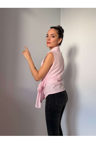 Ali Butik Pembe Çizgili Sıfır Kol Poplin Gömlek Pembe