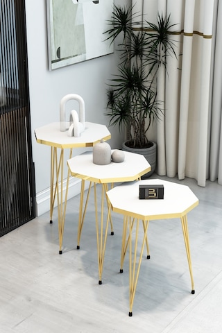 3'lü Sekizgen Zigon Sehpa Seti - Gold Metal Ayaklı, Modern & Şık Yan Sehpa, Dayanıklı Salon Ofis Beyaz