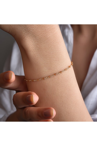 14 Ayar Altın Kaplama Sitrin Doğal Taşlı El Yapımı Gümüş Bileklik - Cbs00133 Altın