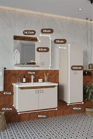 Selvi 80 Cm %100 Mdf Lavabolu Banyo Dolabı Aynalı Dolaplı Üst Dolap Lavabo Boy Dolabı Krem