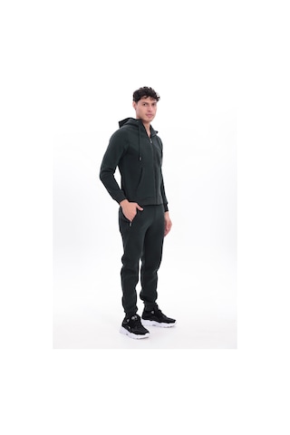 Rowinger 3 İplik Kalın Dokulu Parçalı Görünümlü Kapüşonlu Tam Fermuarlı Erkek Sweatshirt Darkgreen