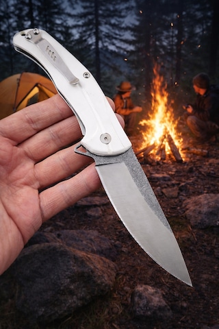 El Yapımı N690 Böhler Çelik Kamp Çakı İçten Kilitli, Kemer Klipsli Outdoor Tasarım Beyaz