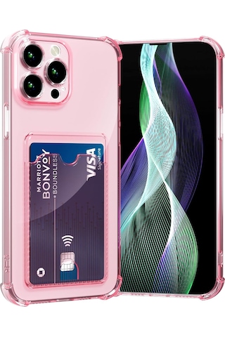 Teknomoda Apple Uyumlu iPhone 16 Pro Kılıf Kartlıklı Anti Şok Korumalı Şeffaf Silikon Pembe Pembe