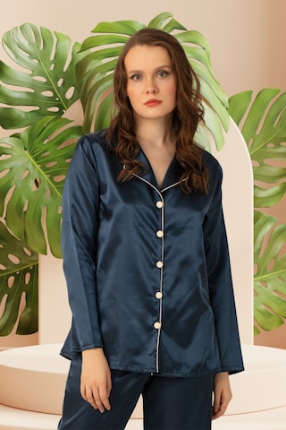 D Kit Boutique Kadın Uzun Kollu Önden Düğmeli Saten Pijama Takımı Lacivert