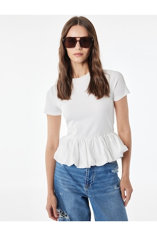 Koton Slim Fit Kısa Kollu Bisiklet Yaka Balon Peplum Tişört Ekru 6sal10578ık