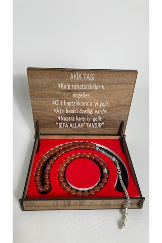 Özel Ahşap Kutulu Akik Taşı Tesbih Bileklik Set Doğal Taş