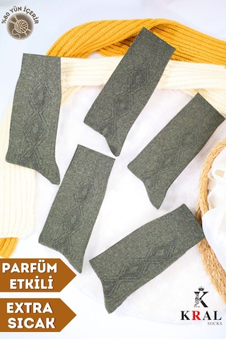 Kral Socks Erkek Kışlık Termal Etkili 5'li Paket Lambswool Kuzu Yün Çorap Haki