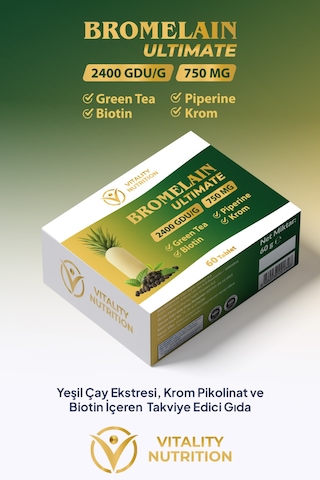 Vitality Nutrition Bromelain Ultimate 750 Mg 2400 Gdu/g 60 Tablet Yeşil Çay + Biotin + Krom + Piperin Vitality Nutrition Bromelain Ultimate 750 Mg 2400 Gdu/g 60 Tablet Yeşil Çay + Biotin + Krom + Piperin