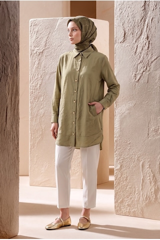 Armine Trend Gold Düğme Detaylı Klasik Yaka Uzun Tunik Rahat Kesim Şık Tesettür Tunik Modeli 89 Cm Boy Açık Haki 26yt471