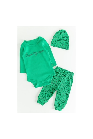 Baby I Love Mom Harf Desenli Üç Parça Erkek Bebek Takım 001