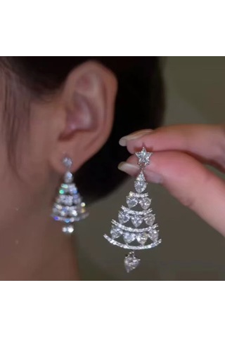 Noel Ağacı Yıldız Küpeler Lüks Pırıltılı Sarkan Küpeler Noel Takı Hediyesi Silver