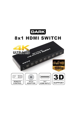 Dark Full Hd 8 Giriş 1 Çıkışlı Uzaktan Kumandalı Hdmı Switch Seç