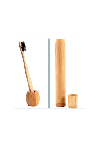 Omeniv Doğal Bambu Diş Fırçası Bambu Kutu ve Standı Set