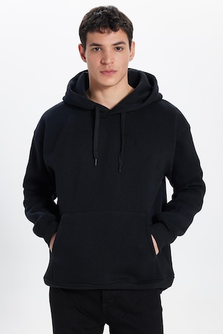 Tudors Unisex Oversize Geniş Kesim Pamuklu Yumuşak Dokulu İçi Polarlı Basic Siyah Kapüşonlu Sweatshirt-29703 Sİyah