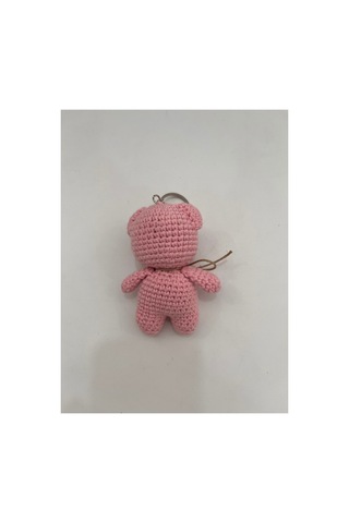 El Yapımı Amigurumi Ayıcık Anahtarlık - Örgü Figür, Jüt Fiyonklu 9-10 Cm Pembe Pembe