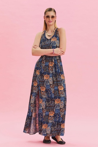 V Yaka Yırtmaçlı Günlük Elbise Mavi