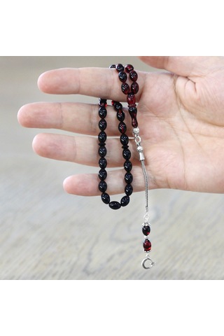 925 Ayar Gümüş Püsküllü Bilek Boy Süzme Kırmızı-Siyah Ateş Kehrib
