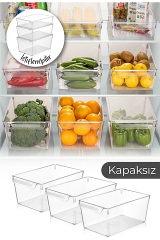 Kapaksız 3 Adet Büyük Boy Buzdolabı Düzenleyici Set Buzdolabı Organizer Beyaz