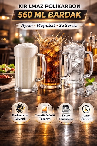 Polikarbon Kırılmaz 6 Adet 560 Ml Kulplu Bardak Ayran Bardağı Meşrubat Ve Su İçin Uygun Şeffaf