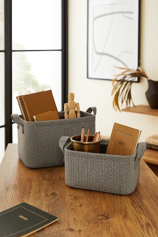 Ocean Home Textile 2'li Antrasit Renk Dokulu Kumaş Sepet Set 24 x 17 x 12 / 30 x 21 x 18 cm