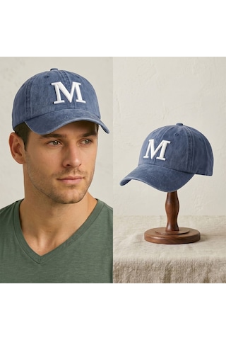 Bk Gift Kişiye Özel Harf Nakışlı Vintage Lacivert Beyzbol Şapkası Unisex Eskitme Kumaş Metal Tokalı