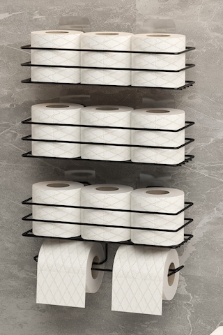 Yapışkanlı Yedekli 3'lü Set Tuvalet Kağıtlığı Wc Tuvalet Kağıdı Askısı Ve Tutucu Siyah Metal