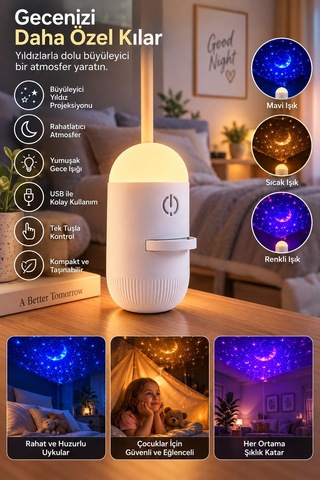 Romantik Atmosfer İçin Ay Yıldız Projeksiyonlu Gece Lambası Karışık