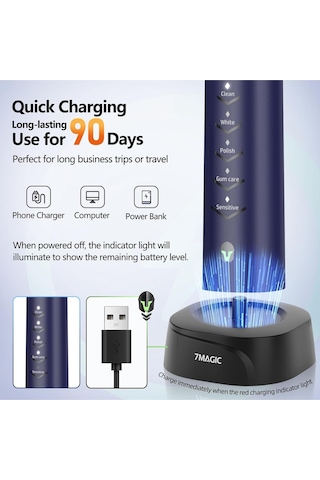 7magıc Knight Blue Sessiz Sonic Elektrikli Diş Fırçası 5 Modlu 40000 Vpm 90 Gün Şarjlı Gri